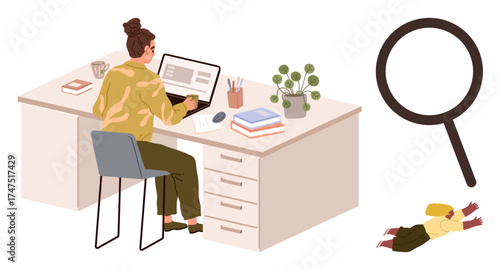 Woman typing on laptop at a desk with books, coffee, and plants while a child plays on the floor. Ideal for work-life balance, multitasking, remote work, parenting, productivity, focus simple flat