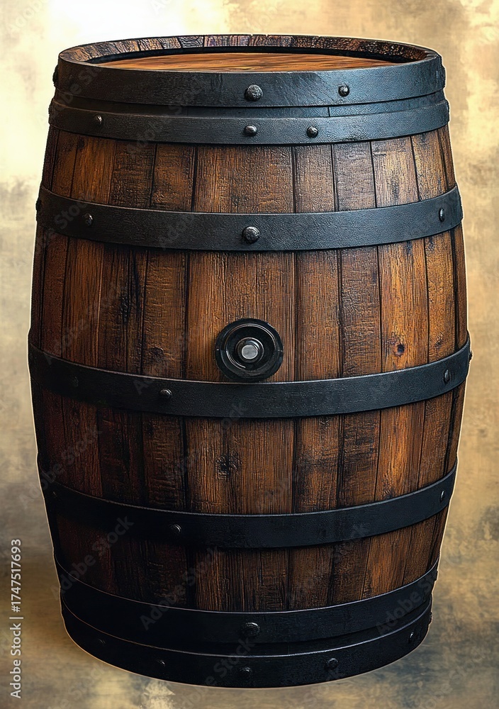 Fototapeta premium Large traditional wooden barrel with dark metal hoops against a warm textured background