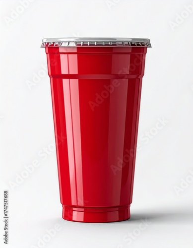 Vibrant Red Plastic Cup with Silver Rim Lid on White Background