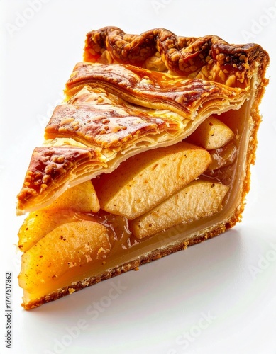 Close Up of Slice of Fresh Apple Pie with Golden Crust Isolated on White