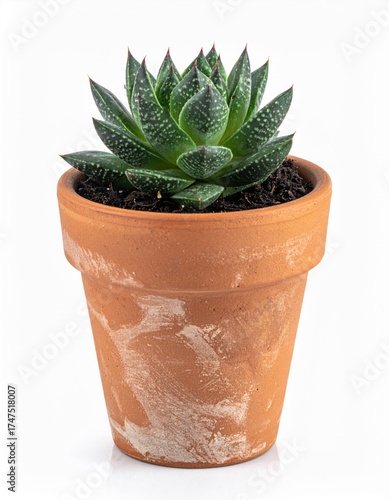 Small Green Haworthia Succulent Plant in a Rustic Terracotta Pot on White