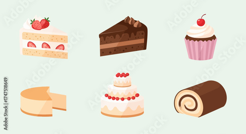A collection of various cake and dessert illustrations, including strawberry shortcake, chocolate cake, cupcake, cheesecake, layered cake, and a swiss roll.