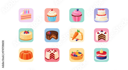 Collection of various colorful and delicious cakes and cupcakes, perfect for dessert.