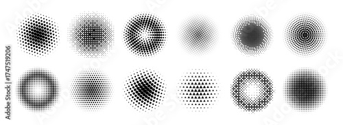 Halftone radial gradient collection. Dotted texture round patterns. Comic faded circles background set. Abstract pixelated element pack for frame, poster, collage, banner, flyer. Vector cartoon bundle