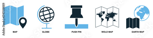 Set of location and navigation vector icons. Essential graphics for GPS, travel, and mapping applications. This collection is ideal for user interface, providing clear symbols for finding places