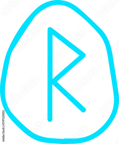 Bright Cyan Rune R Symbol in Irregular Hand Drawn Oval Shape Modern Design