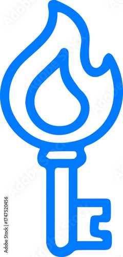Vibrant blue key with a captivating flame shaped bow symbolizing ignition and vital access