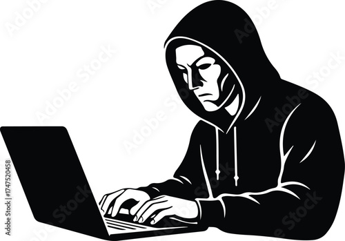 Cybersecurity: A hooded figure intensely focused on a laptop, embodying the modern digital threat and the vital need for cybersecurity. 