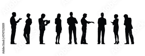 Business people vector silhouettes set. Silhouette of four people standing together with one person pointing to something in the distance shown here, vector illustration.