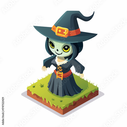 Enchanting isometric witch character, perfect for Halloween games, spellbinding stories, and fantasy adventures, a magical addition to any design project