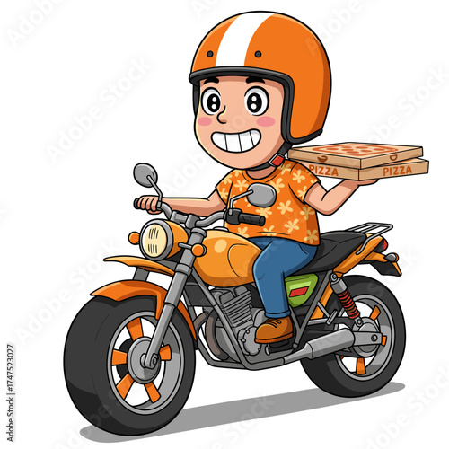 Smiling pizza delivery rider in orange helmet and floral shirt rides orange motorcycle, holding two pizza boxes with cheerful expression on light blue background.