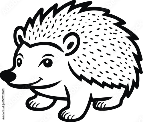 A charming black and white illustration of a smiling hedgehog, depicted in a playful pose.