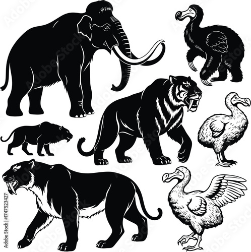 Vector art of extinct animals silhouettes 
