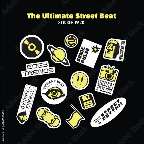 Collection of pixelated street culture stickers including music discs skateboards cameras and smiley faces in an 8-bit style