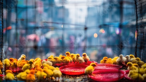Fototapeta Naklejka Na Ścianę i Meble -  A Vibrant Collection of Yellow Chicks in a Market Cage Surrounded by Urban Life and Colorful Backdrops Capturing Everyday Moments of Nature