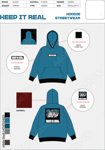 Technical flat illustration of a teal blue hooded sweatshirt with graphic design placements and apparel specifications