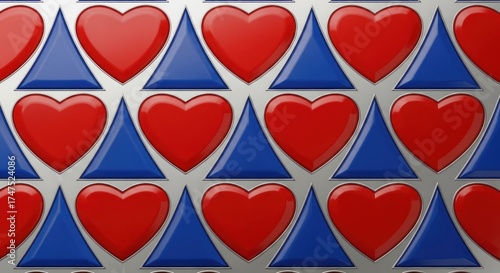 Repeating pattern of glossy red hearts and blue triangles on a metallic background
