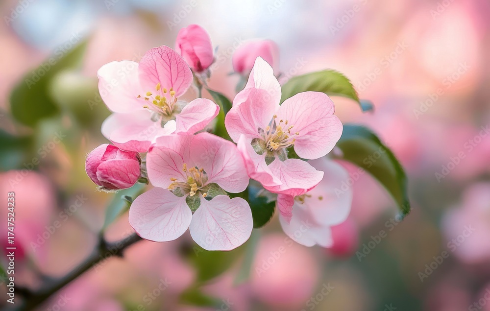 Fototapeta premium Close-up of delicate pink and white blossoms with soft petals and yellow stamens on a branch with green leaves against a blurred pastel background