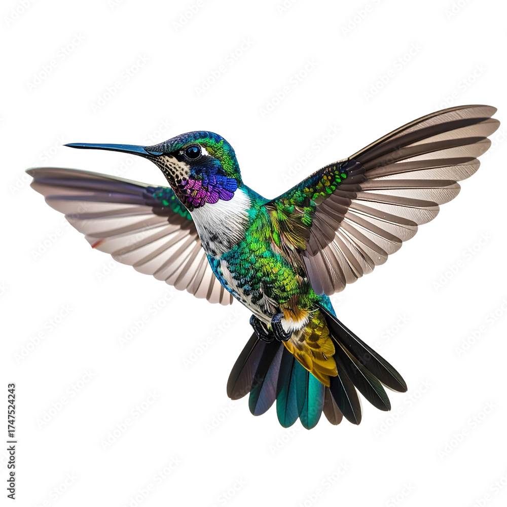 Fototapeta premium Colorful Hummingbird in Mid-Flight with Wings Spread Wide, isolated on transparent background