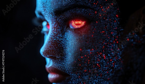 Close-up of a futuristic human face with glowing red digital eyes and a blue pixelated pattern on the skin, evoking a high-tech and cybernetic emotion