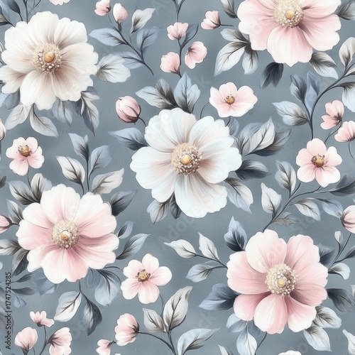 delicate pastel pink and white flowers with soft gray and green leaves on a muted blue background creating a gentle and calming floral pattern