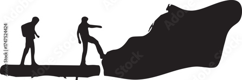 Black vector silhouettes of a woman and a girl walking with a dog on a leash, with a cat nearby in a simple nature design