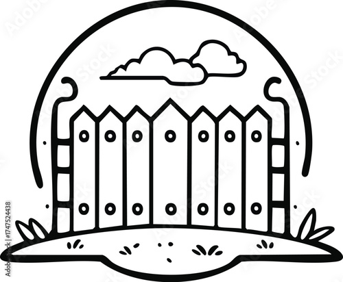 A simple line drawing of a picket fence with clouds in the background, set within a semi-circular frame.