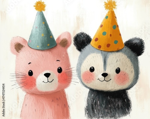 Two adorable cartoon animals wearing colorful polka dot party hats smiling cheerfully on a softly textured background