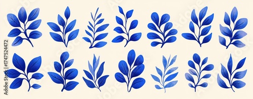 Collection of sixteen stylized blue leafy branch illustrations with various shapes and sizes arranged in two horizontal rows on a light background, evoking calmness and creativity