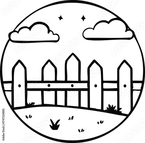 A circular illustration of a picket fence with grass, clouds, and stars in a simple, outlined style.