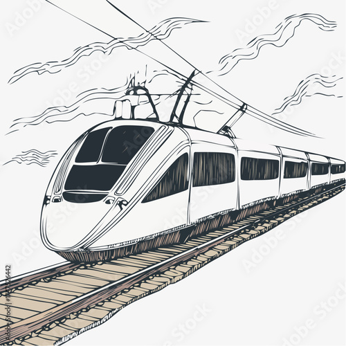 Modern HighSpeed Train on Tracks with Overhead Lines.