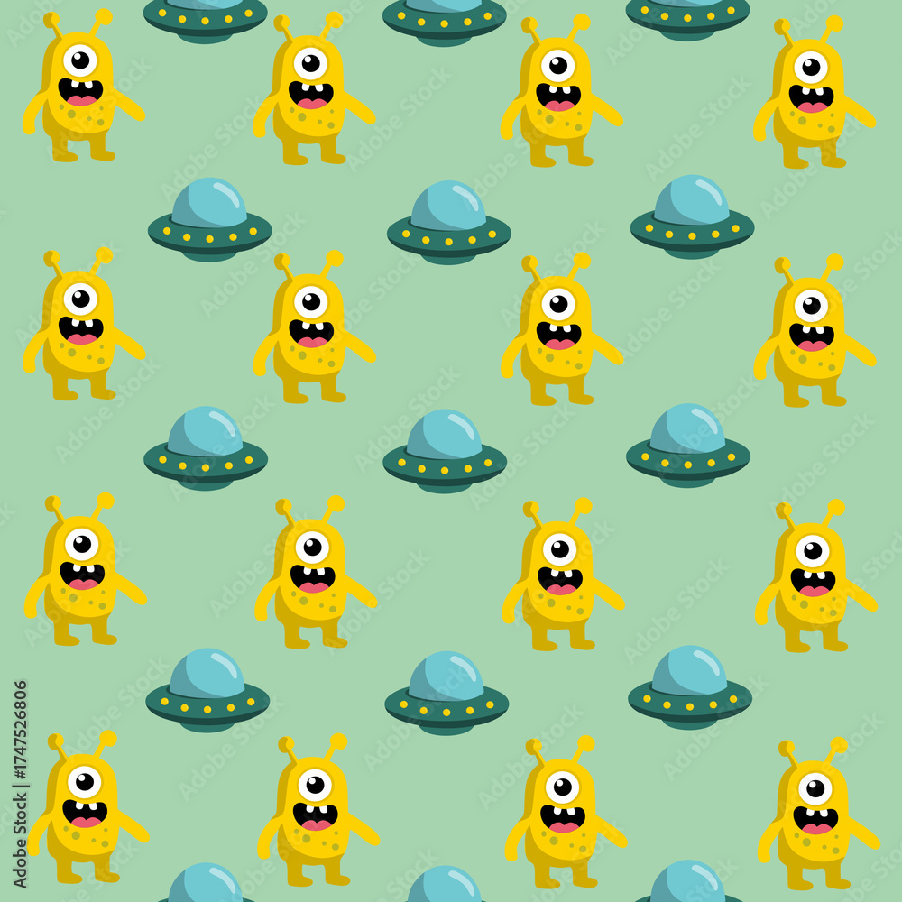 Obraz premium One Eyed Alien and Spaceship Cute Pattern Graphic