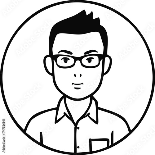 Line drawing of a man with glasses and short hair, inside a circle.