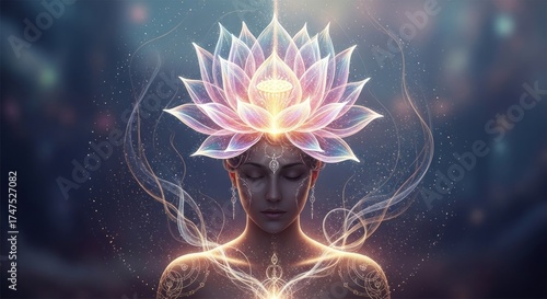 Wallpaper Mural Serene woman with a glowing lotus flower crown in a mystical, ethereal, bokeh-filled environment Torontodigital.ca