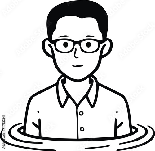 Illustration of a man with glasses, partially submerged in water, wearing a collared shirt.