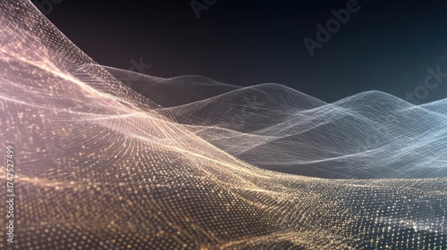 Abstract Wireframe Landscape With Glowing Particles