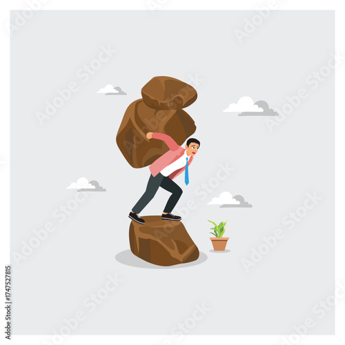 Businessman Carrying Heavy Rock Up a Stone Step.