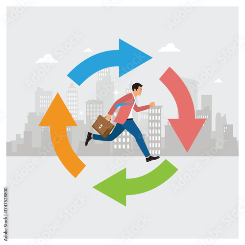 Businessman running on habit circular arrow diagram.