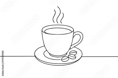 Vector minimalist illustration of a single line coffee cup, beautifully rendered in monochrome black and white with precise black outlines.
