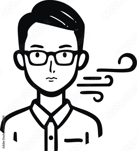 A man with glasses exhaling air, depicted in a simple black and white illustration.