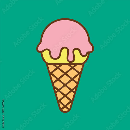 Vector illustration of a strawberry ice cream scoop on a crispy cone, beautifully designed in vibrant colorful tones with playful summer vibes.