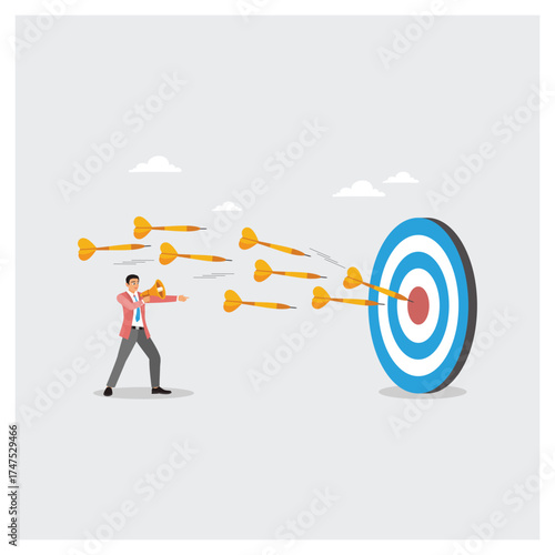 Business Leader Targets Success With Focused Arrow Shot At Bullseye In Pursuit Of Goals.