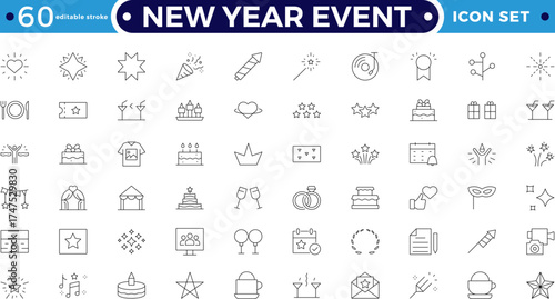 New year event Party and Event web icons in Outline icon set. Birthday, dancing, happy new year, week, entertainment, invitations, wedding, event, holidays, carnival. Editable stroke outline icon. 
