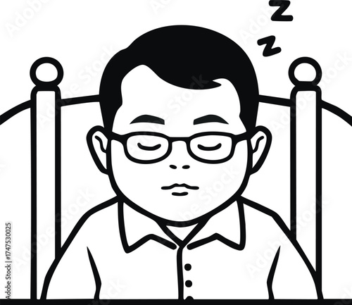 A cartoon illustration depicts a person with glasses sleeping while seated in a chair.