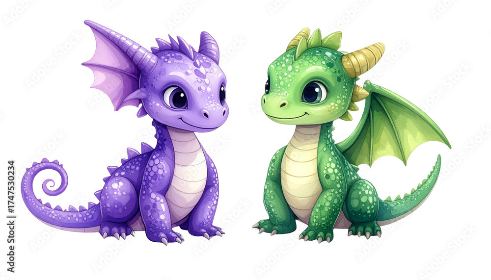 Obraz premium Adorable Cartoon Baby Dragons Isolated on White Background