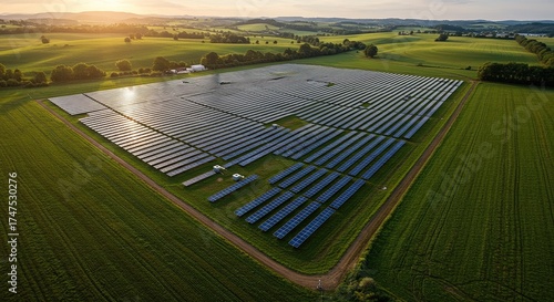 Stunning aerial view of massive solar panel farm powering a green future with rolling hills in the background, capturing renewable energy and sustainable technology in action