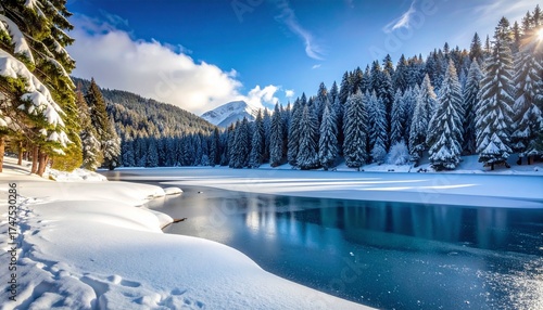 Lake Edge Meeting Forest in Winter