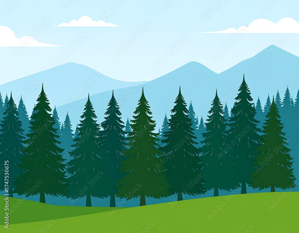 Fototapeta premium An illustration of a forest with green trees and mountains