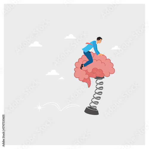 Businessman Riding a Brain-Shaped Spring to Reach Ideas and Creative Heights.