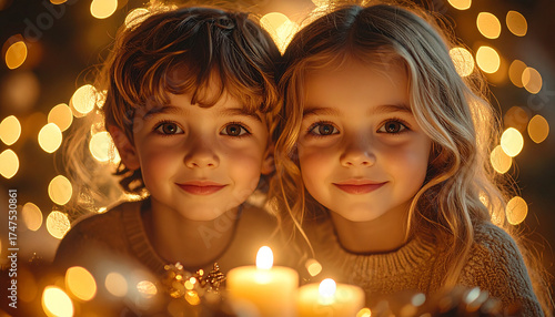 Twin Hearts: A tender portrait of two young siblings, bathed in the soft glow of candlelight and the warm embrace of a festive setting. The image exudes a sense of innocence, and mutual affection.